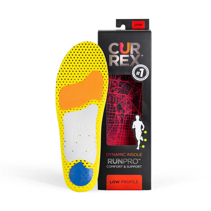 CURREX RUNPRO insole yellow, orange, white and blue base next to black box with red insole inside #profile_low