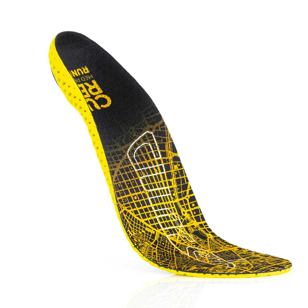 Floating top view of yellow orange colored RUNPRO medium profile insoles with yellow base #profile_medium