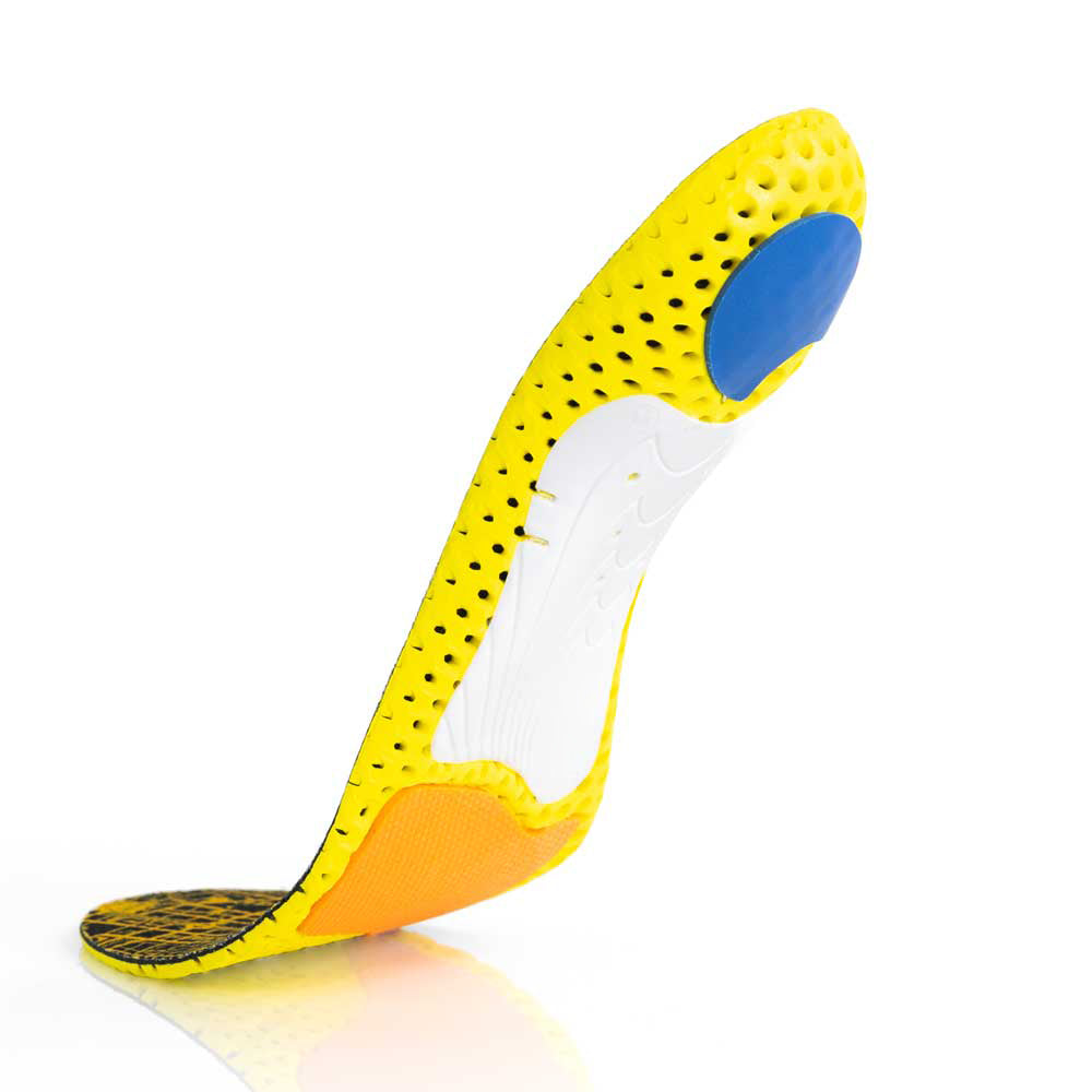 Floating base view of RUNPRO medium profile insoles with white arch support, blue heel pad, orange met cushion, yellow base #profile_medium