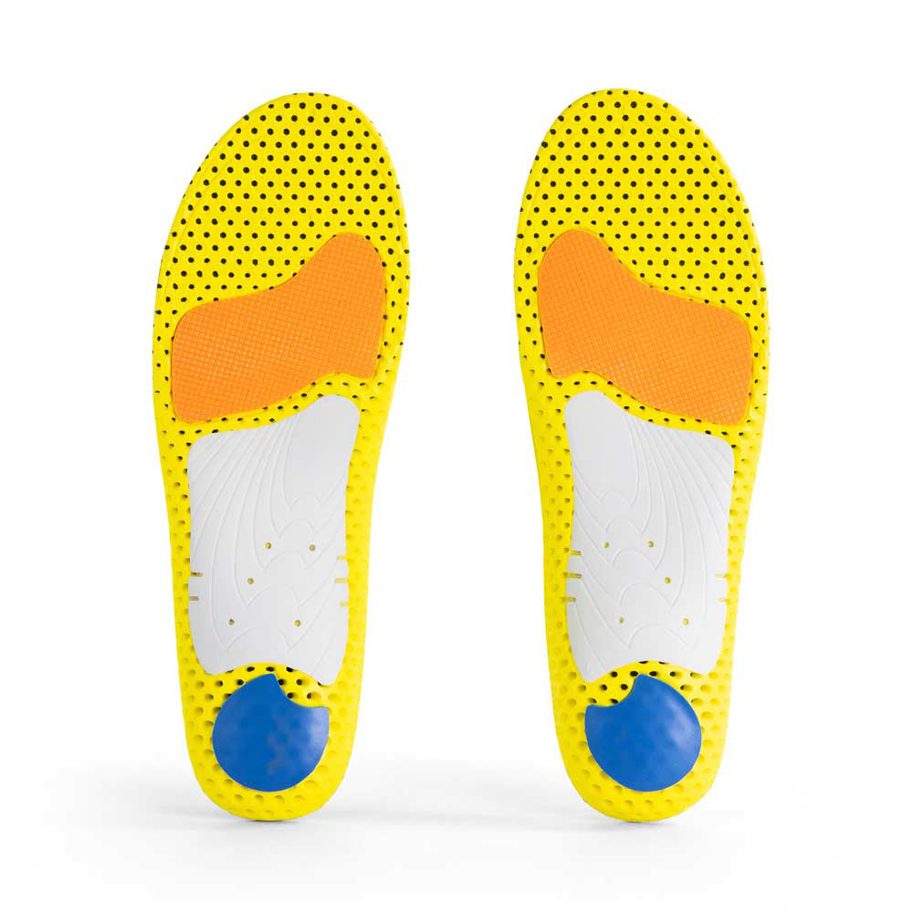 Base view of RUNPRO medium profile insole pair with white arch support, blue heel pad, orange met cushion, yellow base #profile_medium