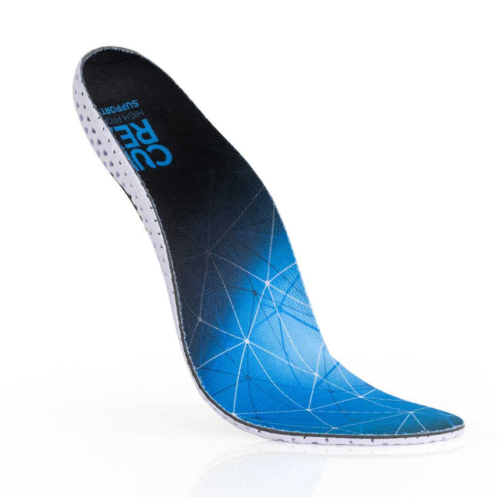 Floating top view of blue colored SUPPORTSTP high profile insoles with white base #profile_high