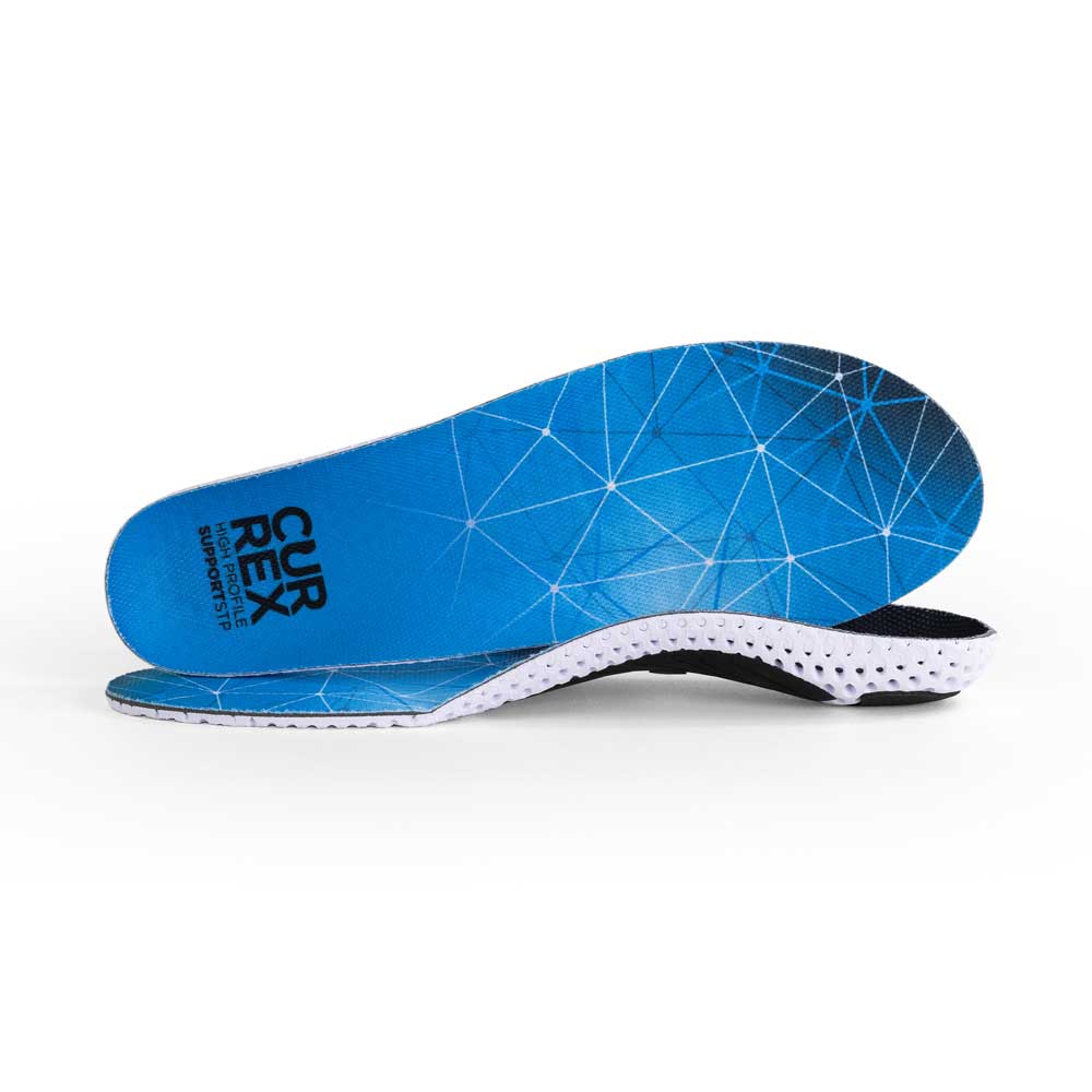 View of pair of blue high profile SUPPORTSTP insoles, one standing on side to show top of insole, second insole set in front showing its profile while toe is facing opposite direction #profile_high
