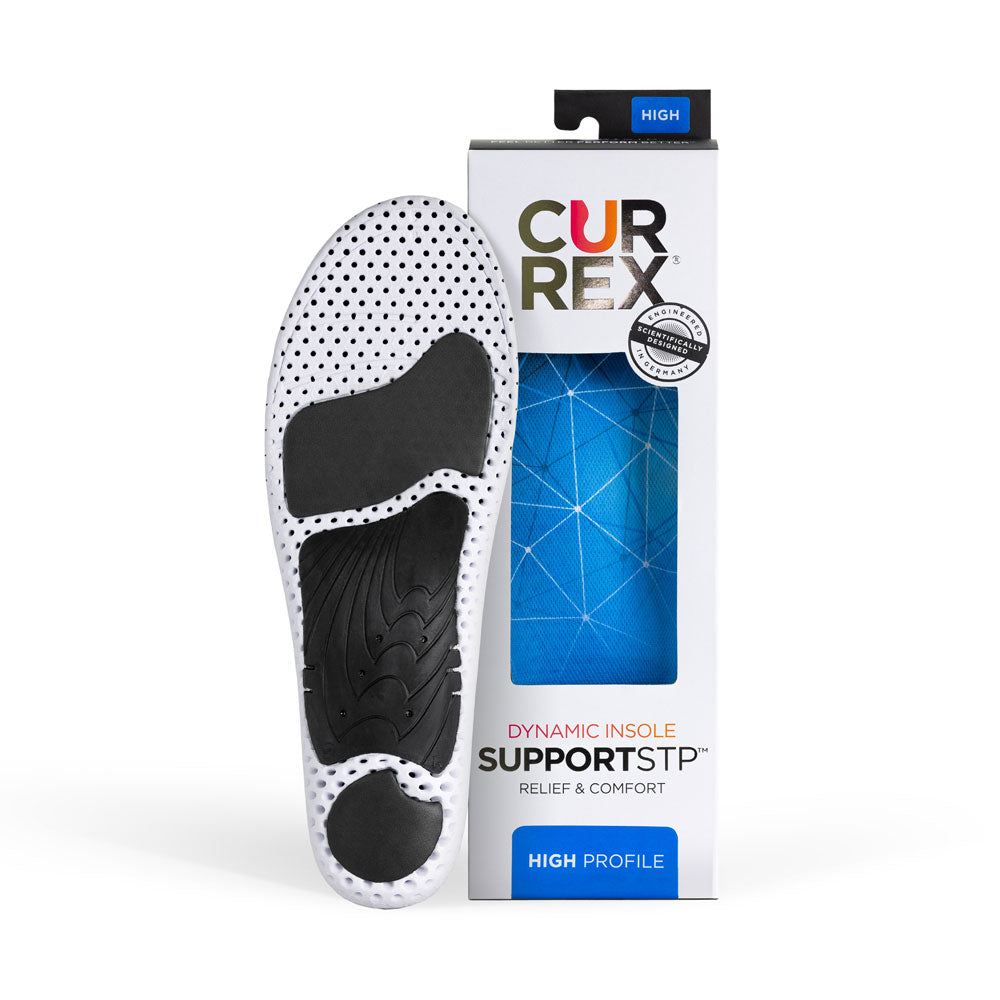 CURREX SUPPORTSTP insole white and black base next to white box with blue insole inside #profile_high