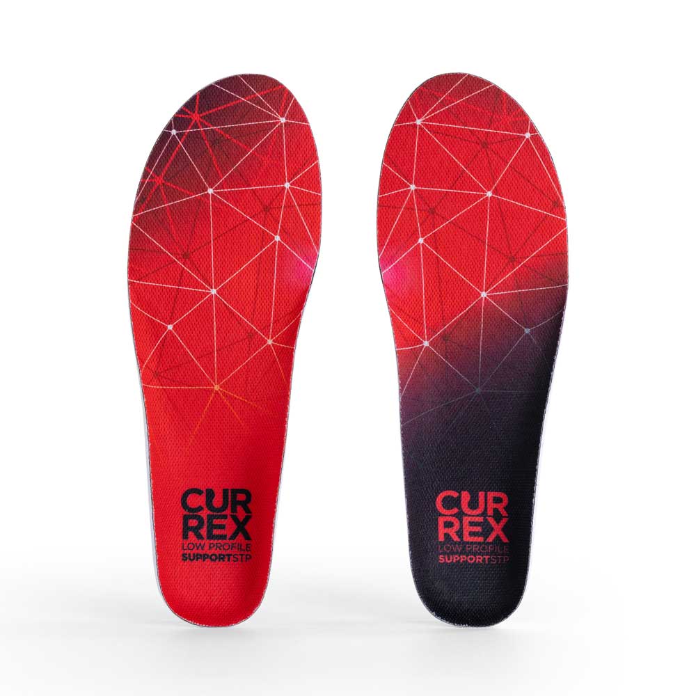 Top view of red colored SUPPORTSTP low profile pair of insoles #profile_low