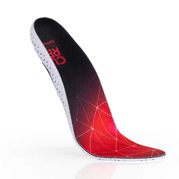 Floating top view of red colored SUPPORTSTP low profile insoles with white base #profile_low