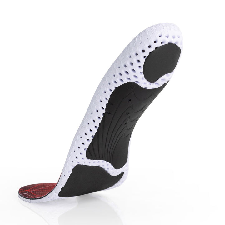 Floating base view of SUPPORTSTP low profile insoles with black arch support, black heel pad, black met cushion, white base #profile_low