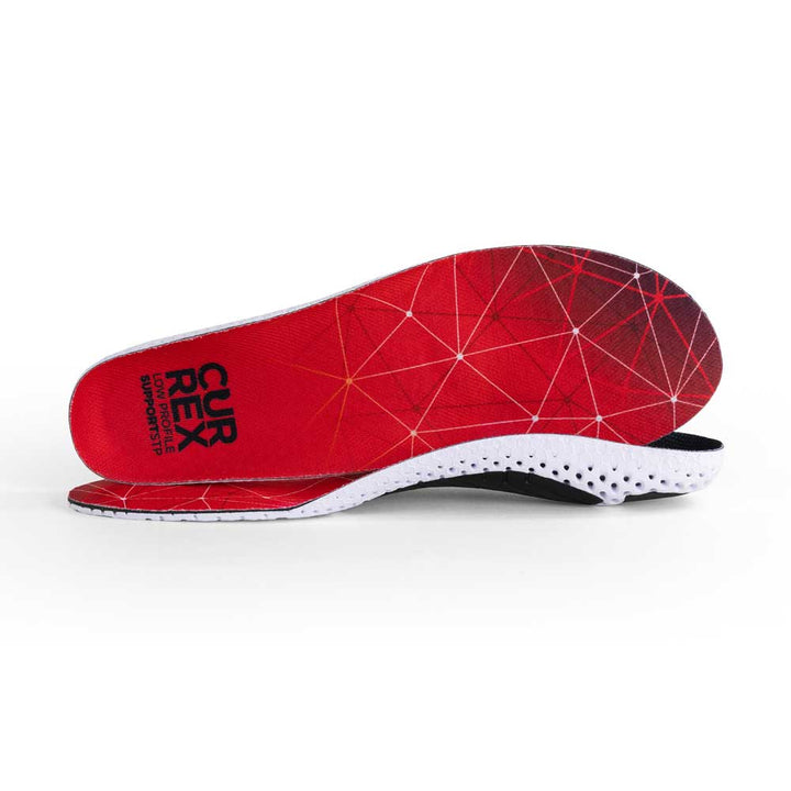 View of pair of red low profile SUPPORTSTP insoles, one standing on side to show top of insole, second insole set in front showing its profile while toe is facing opposite direction #profile_low