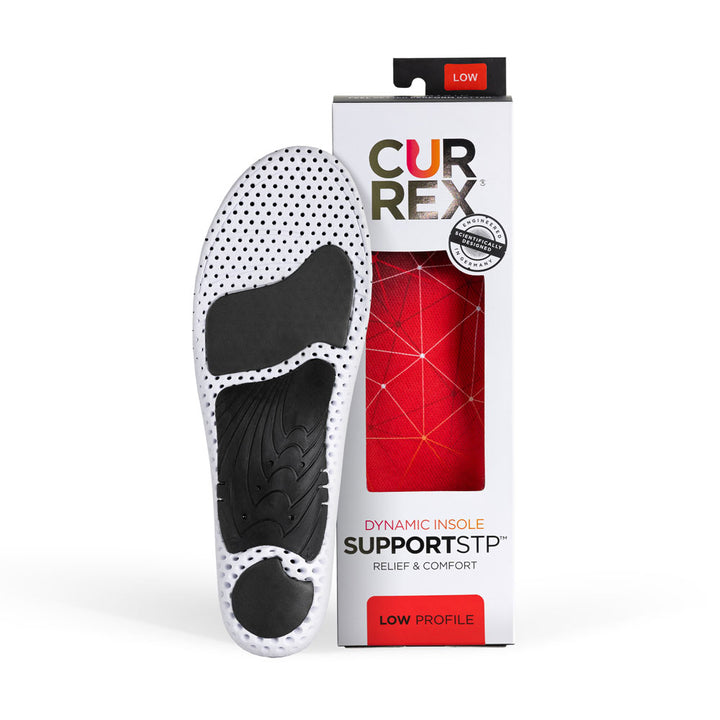 CURREX SUPPORTSTP insole white and black base next to white box with red insole inside #profile_low