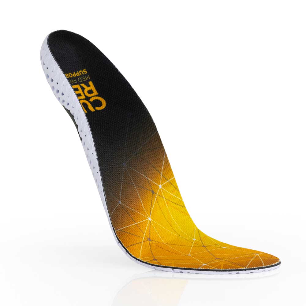 Floating top view of yellow orange colored SUPPORTSTP medium profile insoles with white base #profile_medium