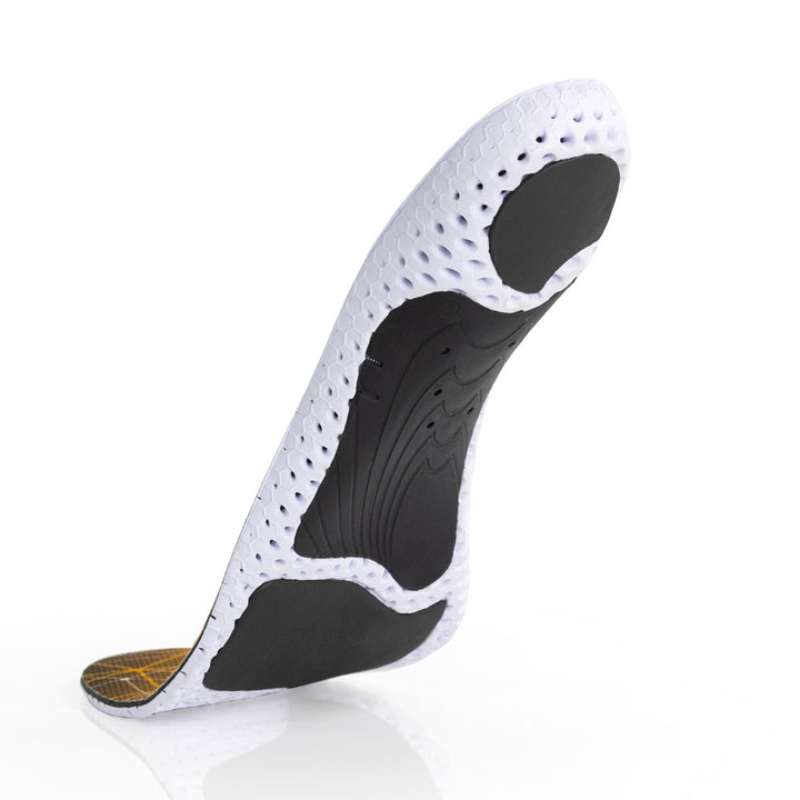Floating base view of SUPPORTSTP medium profile insoles with black arch support, black heel pad, black met cushion, white base #profile_medium