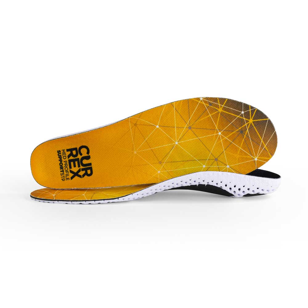View of pair of yellow orange medium profile SUPPORTSTP insoles, one standing on side to show top of insole, second insole set in front showing its profile while toe is facing opposite direction #profile_medium