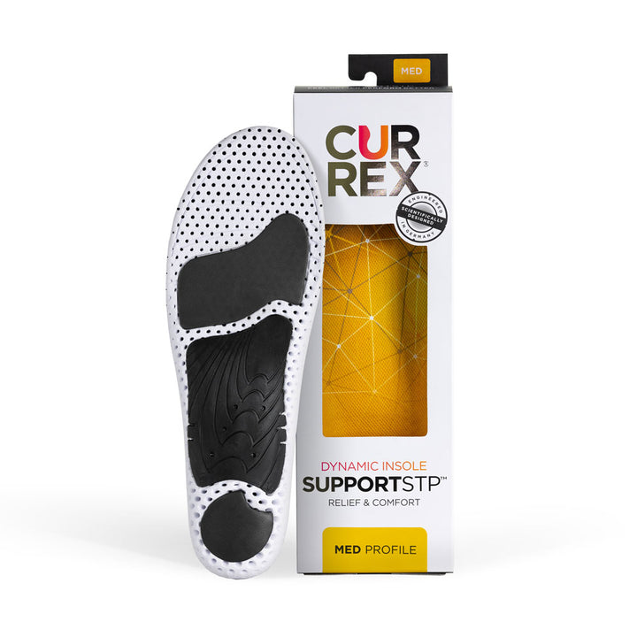 CURREX SUPPORTSTP insole white and black base next to white box with yellow orange insole inside #profile_medium