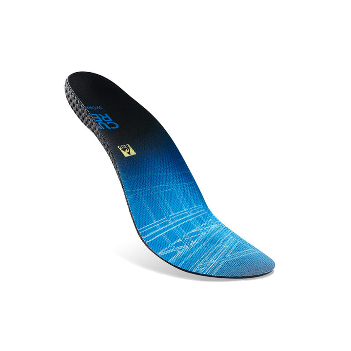 Floating top view of blue colored WORK high profile insoles with black, yellow, and blue base #profile_high