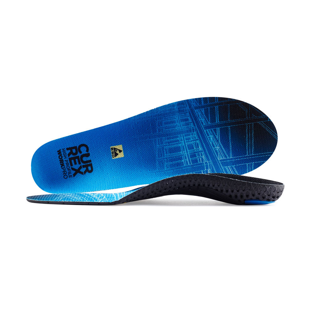 View of pair of blue high profile WORK insoles, one standing on side to show top of insole, second insole set in front showing its profile while toe is facing opposite direction #profile_high