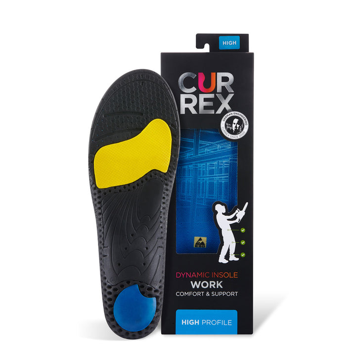 CURREX WORK insole with black, yellow, and blue base next to black box with blue insole inside #profile_high
