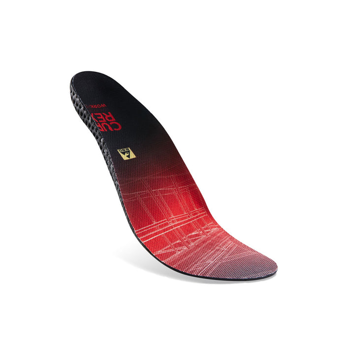 Floating top view of red colored WORK low profile insoles with black, yellow, and blue base #profile_low