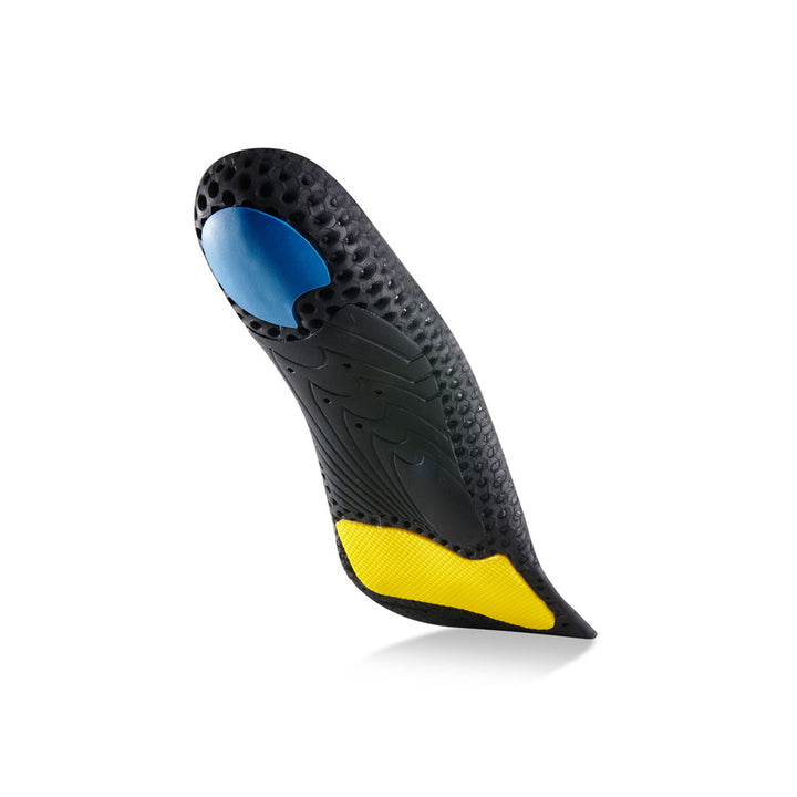 Floating base view of WORK low profile insoles with black arch support, blue heel pad, yellow forefoot cushioning pad, black, yellow, and blue base #profile_low