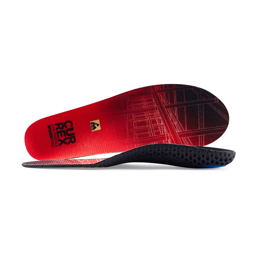 View of pair of red low profile WORK insoles, one standing on side to show top of insole, second insole set in front showing its profile while toe is facing opposite direction #profile_low