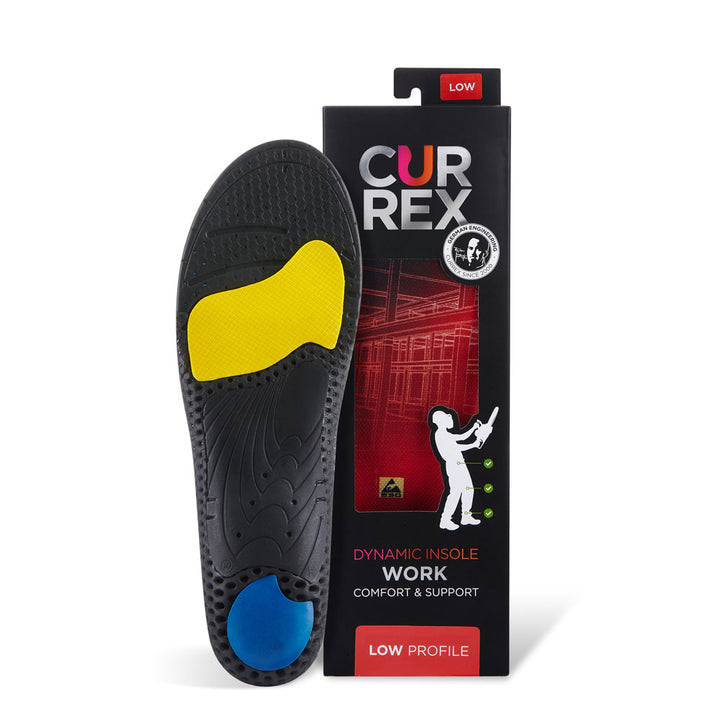 CURREX WORK insole with black, yellow, and blue base next to black box with red insole inside #profile_low