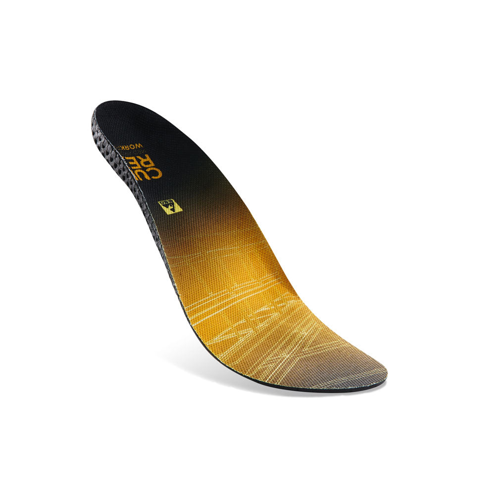 Floating top view of yellow colored WORK medium profile insoles with black, yellow, and blue base #profile_medium