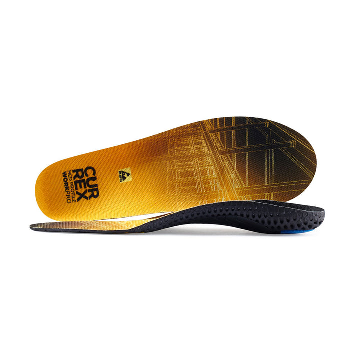 View of pair of yellow medium profile WORK insoles, one standing on side to show top of insole, second insole set in front showing its profile while toe is facing opposite direction #profile_medium
