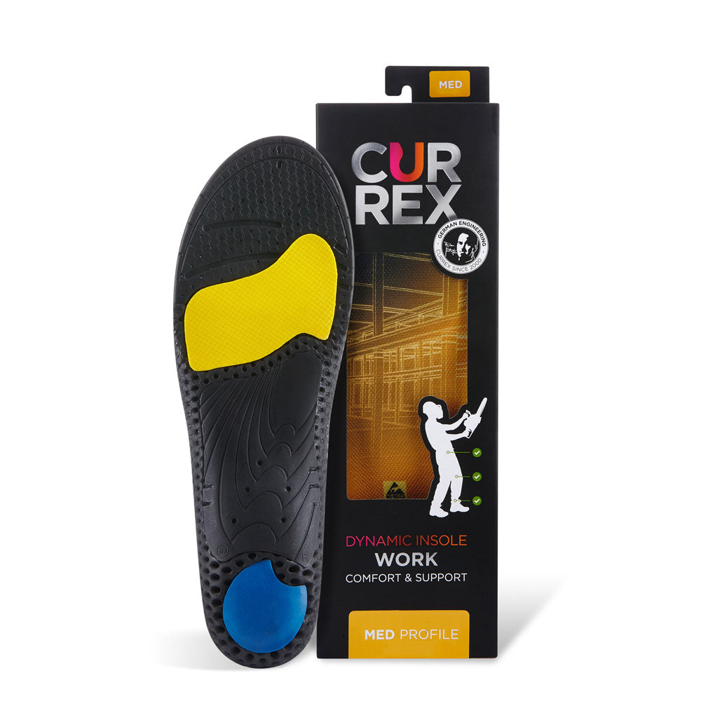 CURREX WORK insole with black, yellow, and blue base next to black box with yellow insole inside #profile_medium