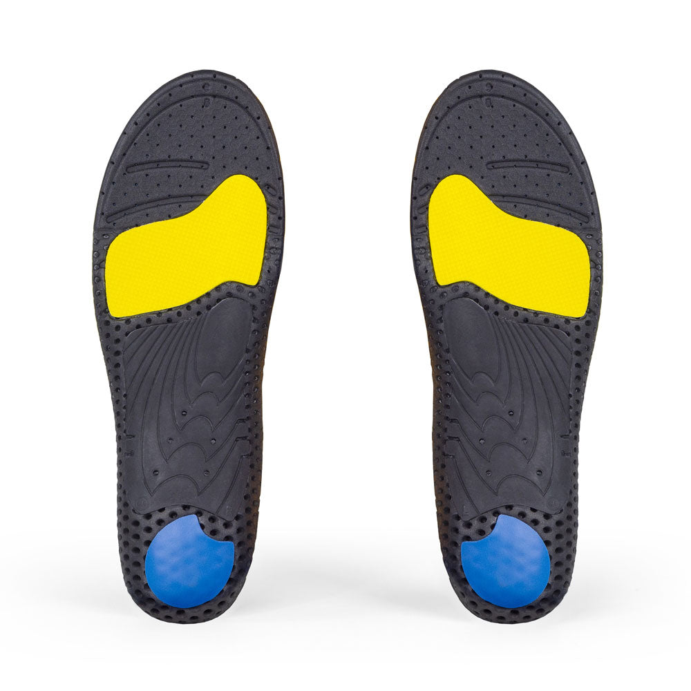 Base view of WORK low profile insole pair with black arch support, blue heel pad, yellow forefoot cushioning pad, black base #profile_low