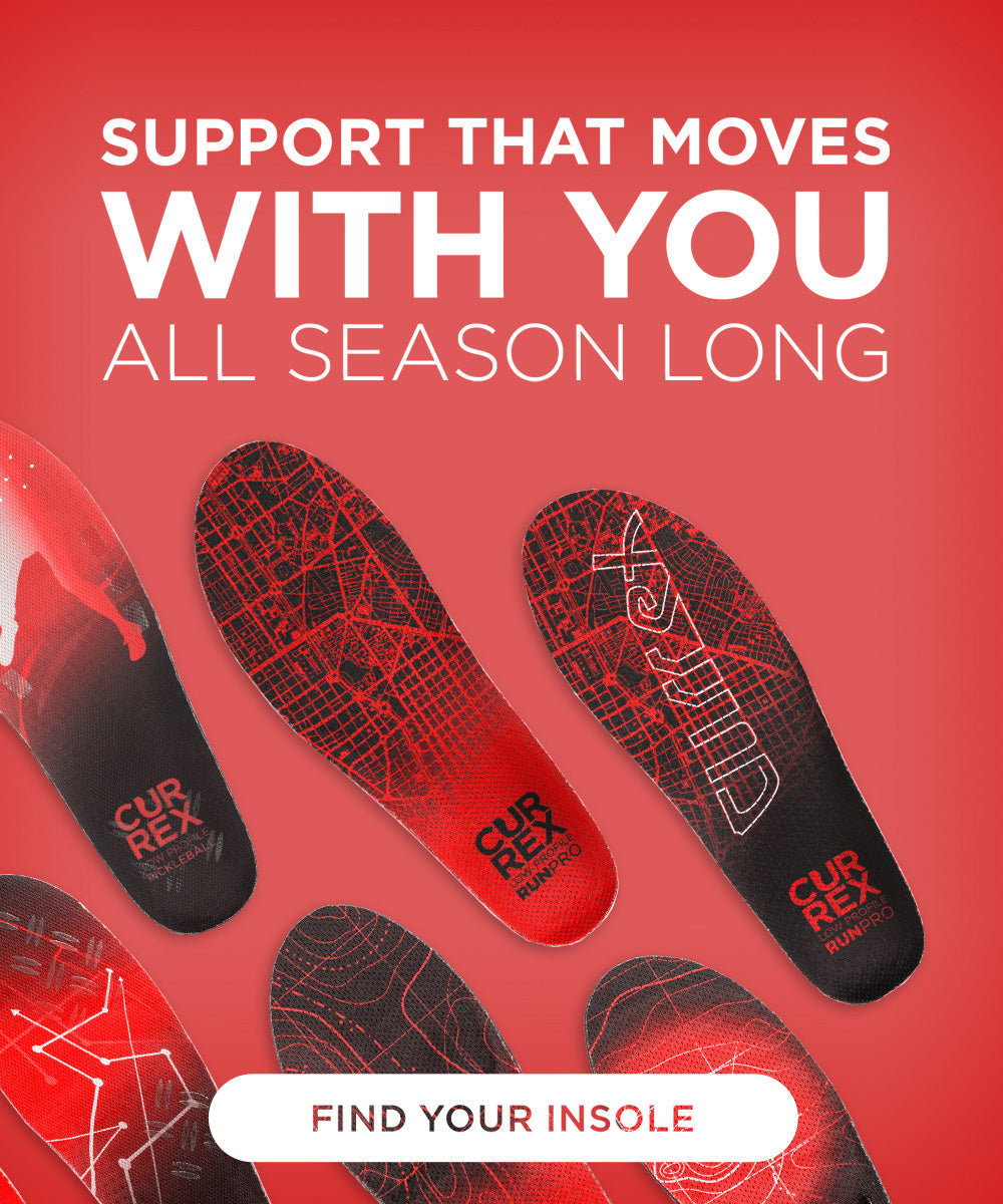 Support that moves with you all season long. Find Your Insole. Red CURREX insoles on red background.
