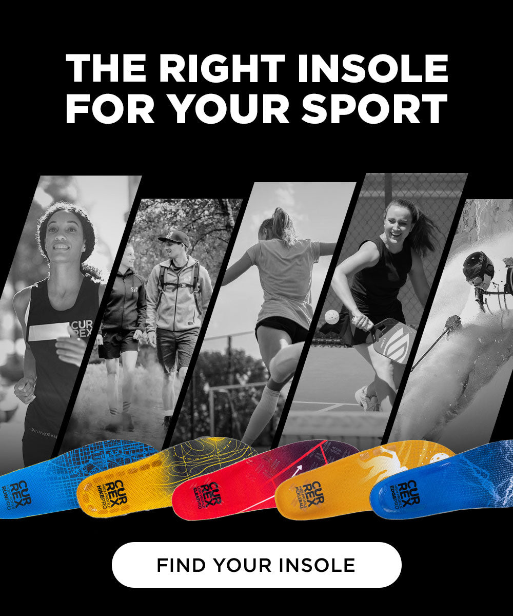 Insoles with athletes and insole options on a black background. The right insole for your sport. Find your insole.