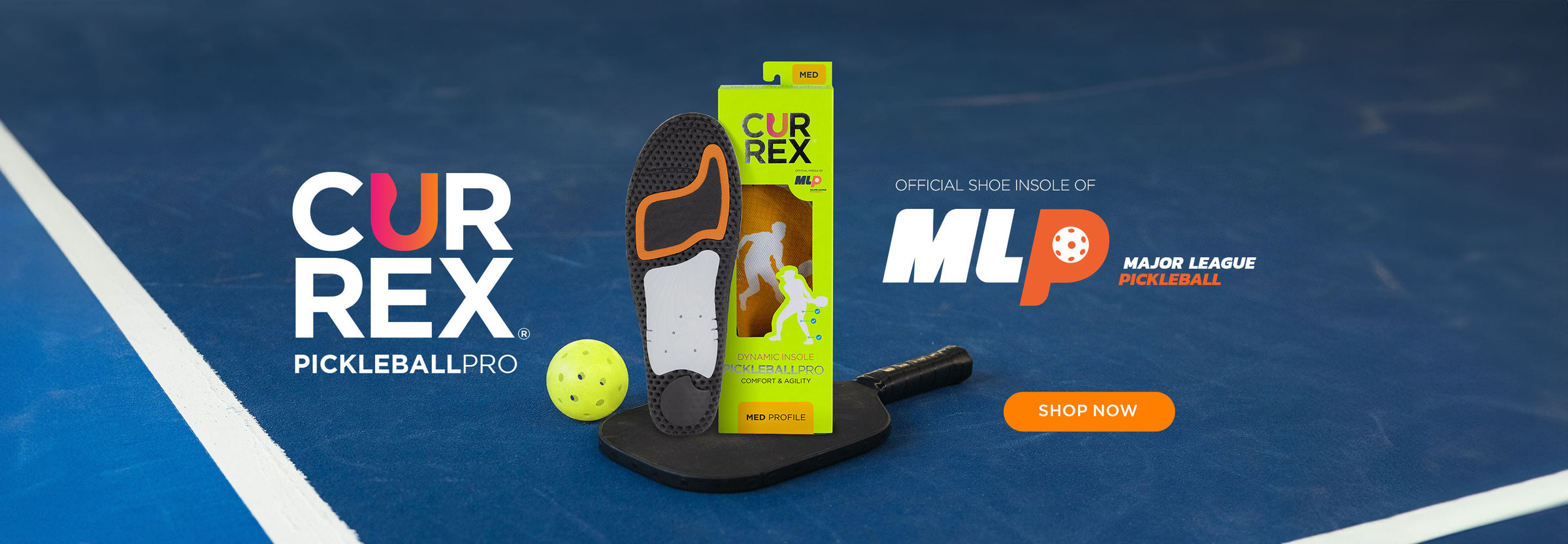 New Product Release: CURREX® PICKLEBALLPRO™, the official insole of Major League Pickleball; bottom of insole standing next to lime green packaging with top of orange insole facing forward from inside - Shop Now