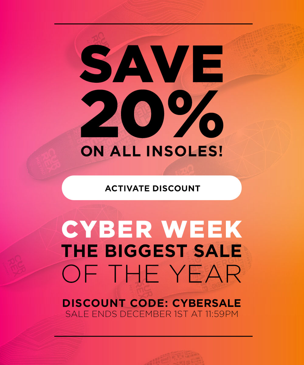 SAVE 20% ON ALL INSOLES! ACTIVATE DISCOUNT. CYBER WEEK – THE BIGGEST  SALE OF THE YEAR! DISCOUNT CODE: CYBERSALE. SALE ENDS DECEMBER 1ST AT 11:59PM EST.